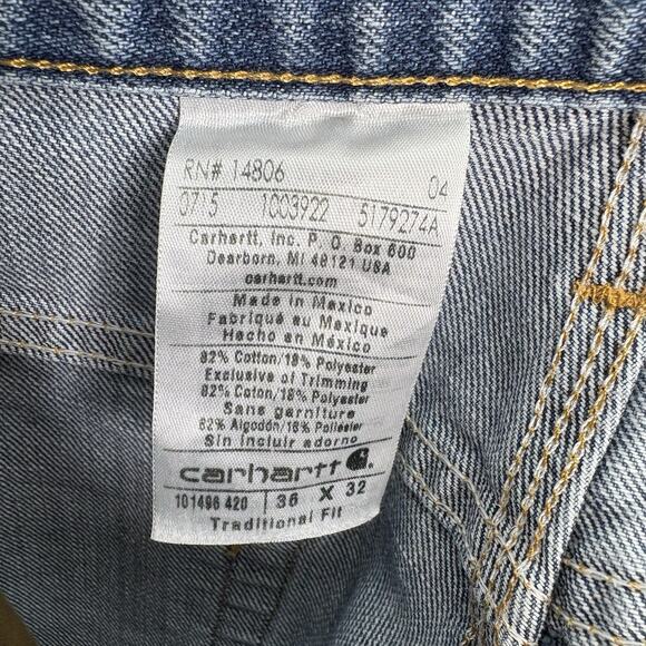 Carhartt Jeans Mens 36x32 Blue Denim Straight Leg Medium Wash Work Wear Cotton - Picture 9 of 9